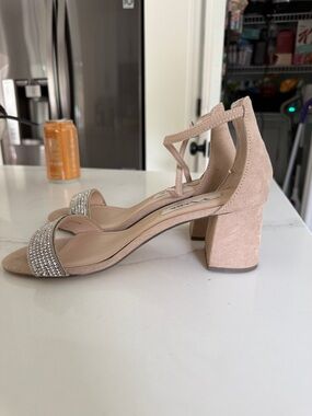 Nina Blush Crystal-Strap Block Heel Sandals